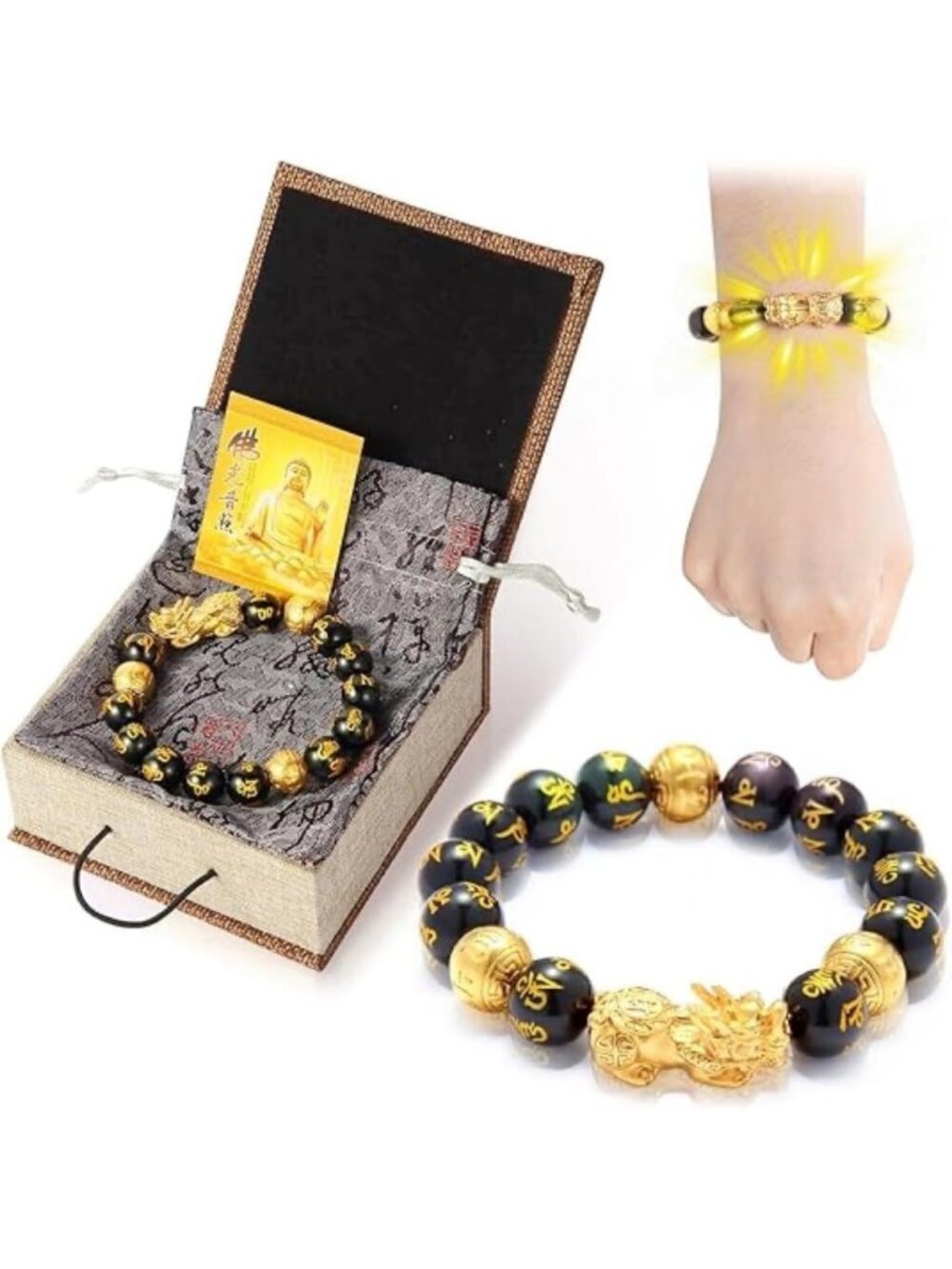24K Gold Plated PiXiu Obsidian Bracelet - Dragon Protection, Meditation & Wealth